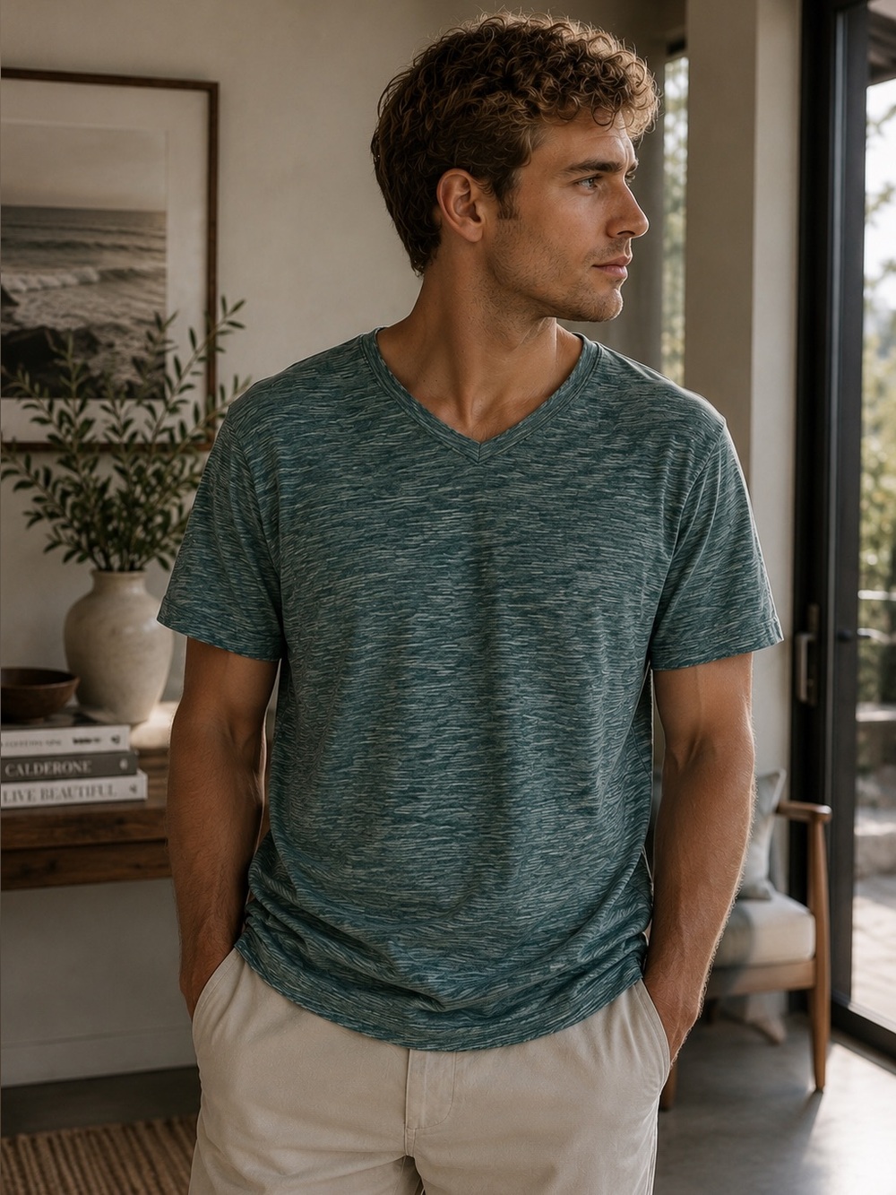 Public Opinion Space Dye V Neck T Shirt Green M